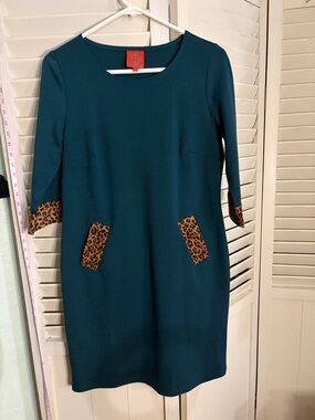 Tracy Negoshian Teal Shift Dress with Faux Suede Leopard Accent and Pockets